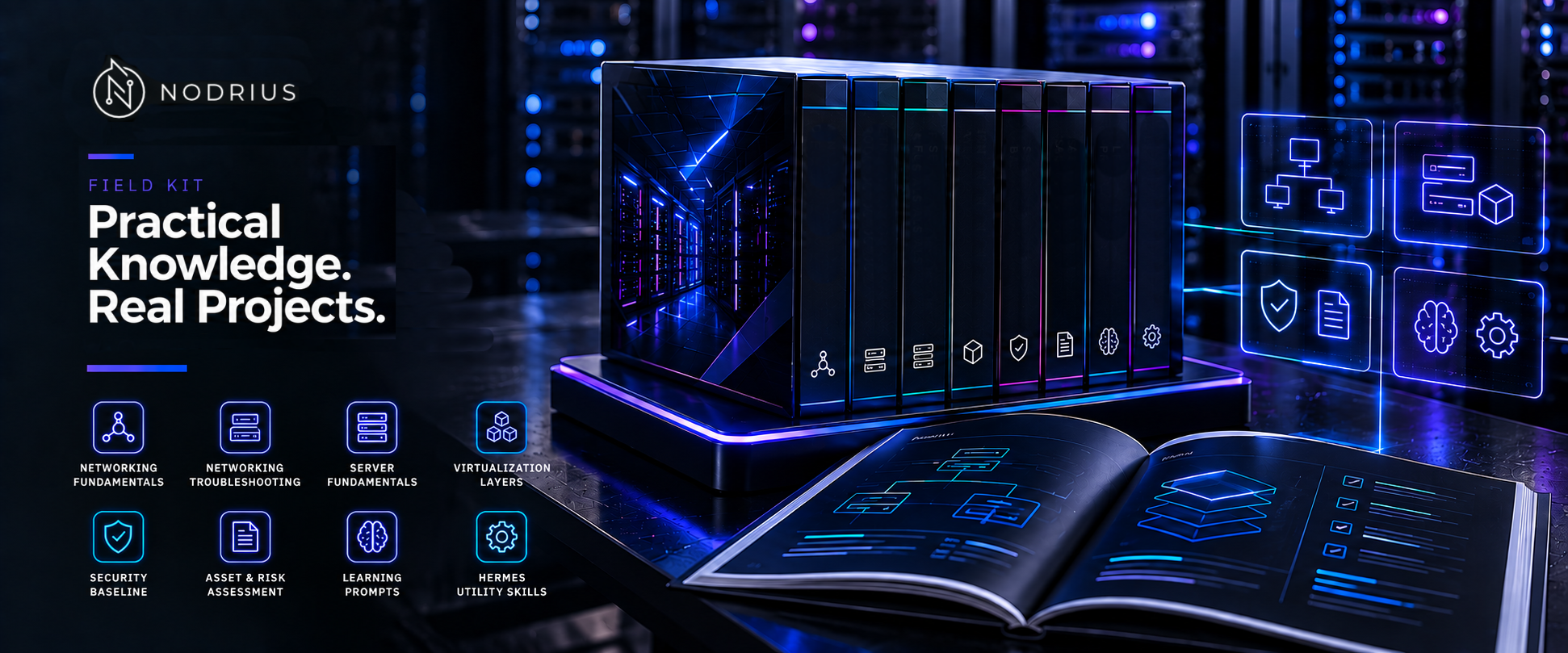 Nodrius Field Kit cover: the NODRIUS logo, the headline "Practical Knowledge. Real Projects." and the eight resource titles — Networking Fundamentals, Networking Troubleshooting, Server Fundamentals, Virtualization Layers, Security Baseline, Asset & Risk Assessment, Learning Prompts, Hermes Utility Skills — beside a stack of bound volumes and an open notebook.